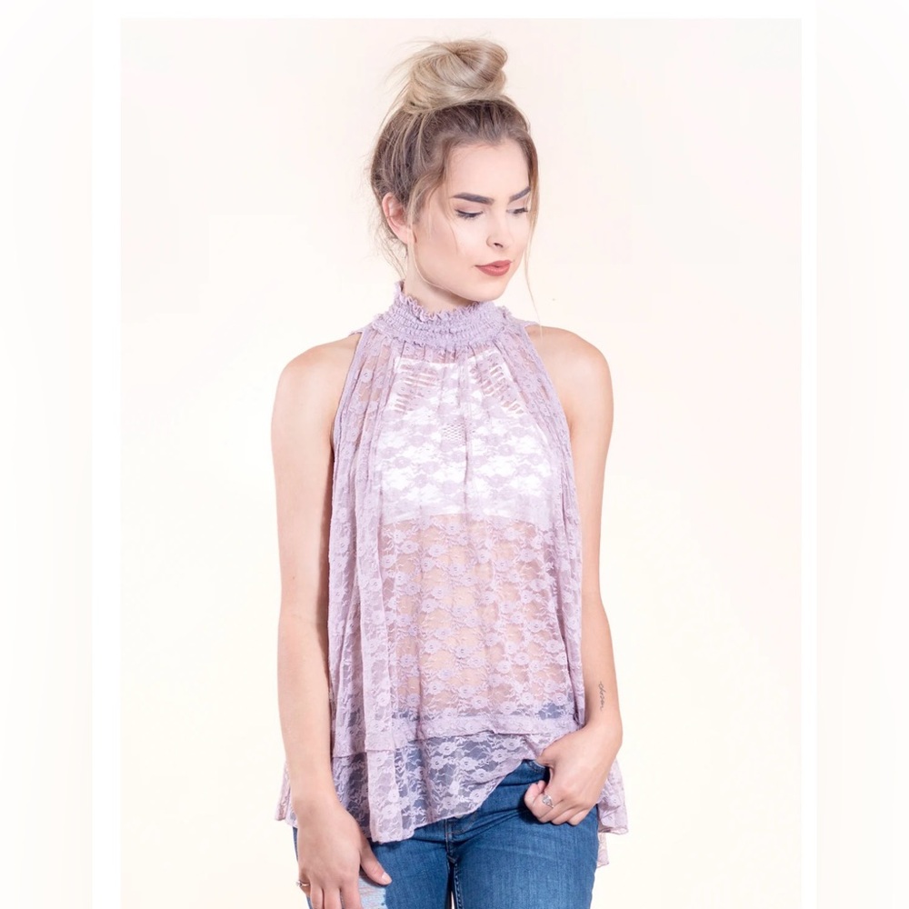 Free People Myrna Mock Neck Sheer Lace Swing Tank in Lavender Size Small
